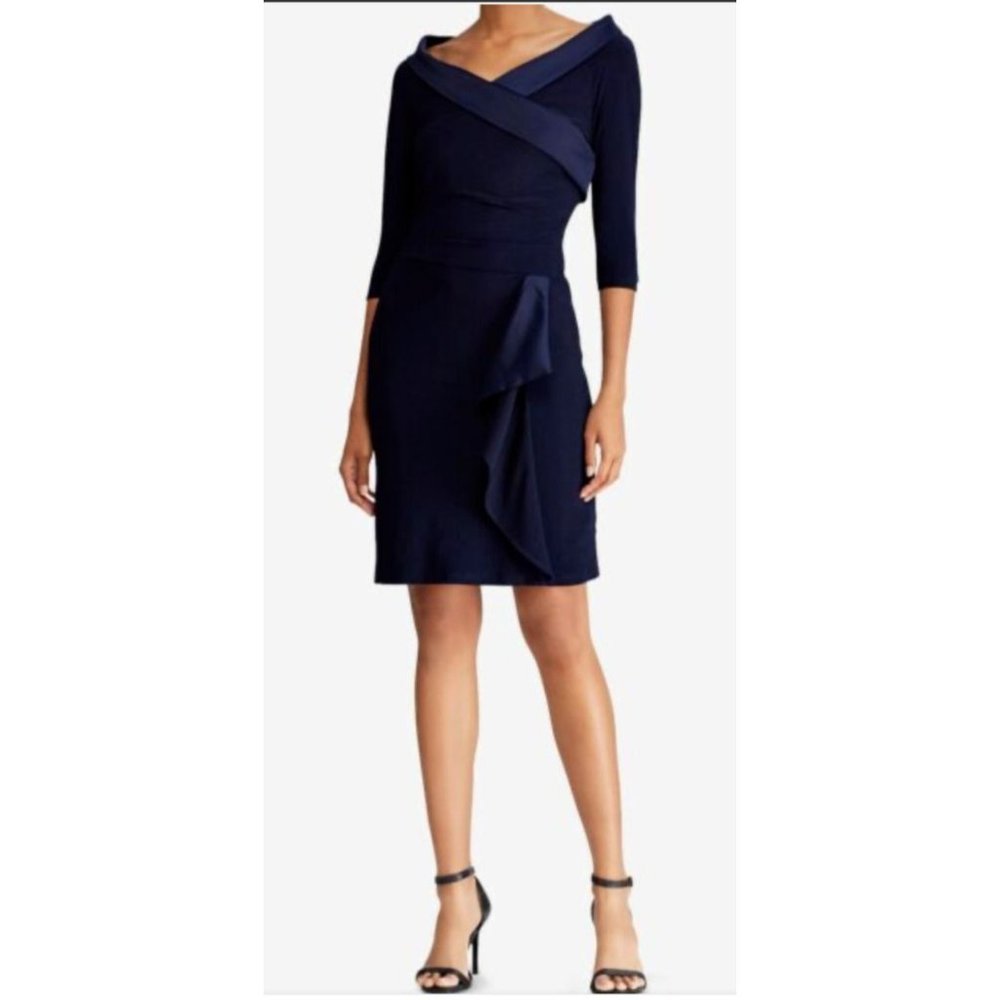 American Living Dress 10 Blue Ruffle Stretch Mid Sleeve Wedding Party Cruise NEW